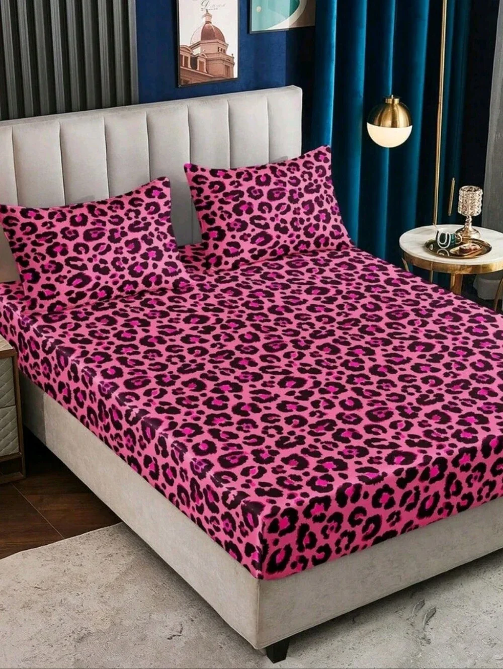 Pink Leopard Print Fitted Sheet Set - Bold Pink Bedding KING
